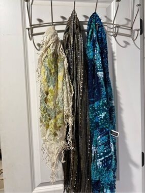 Set of Three Lightweight Fashion Scarves - Cream, Black, Teal Blue